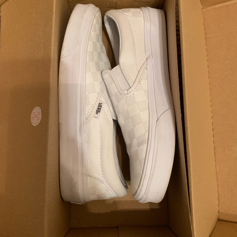 all white checkered vans
